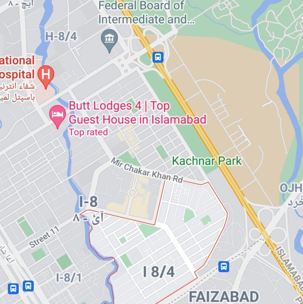 A map displaying the hotel's location in Sector I8/4 Islamabad, Pakistan.