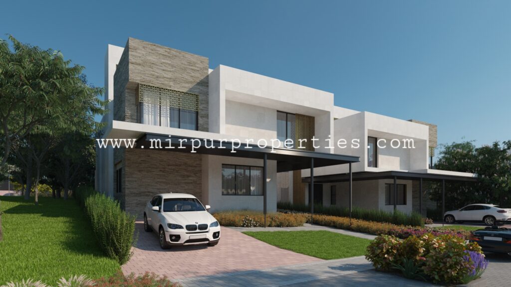 A modern house with a car parked in front of it, rendered in 3D.