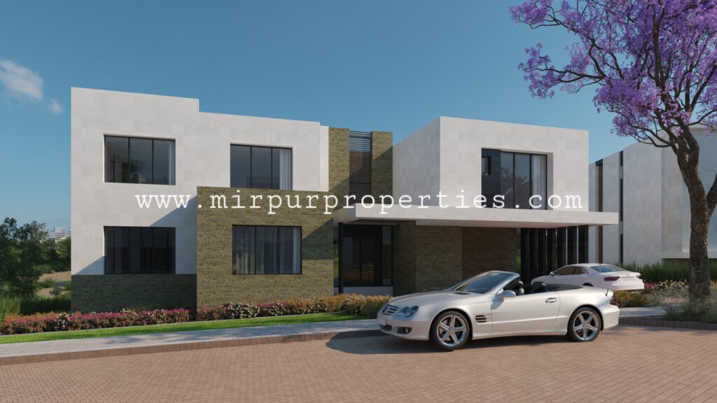 A rendering of a modern house with a car parked in front of it in Pakistan.