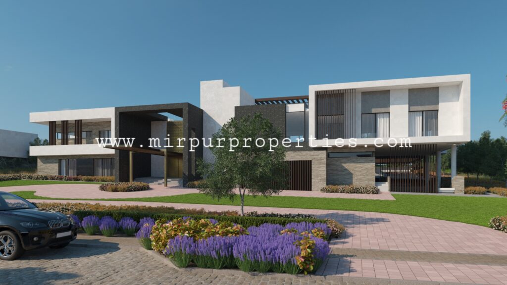 A 3D rendering of a modern house with a car parked in front of it in Islamabad, Pakistan.