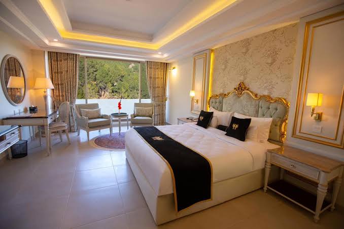 Elegant hotel room with a large bed.