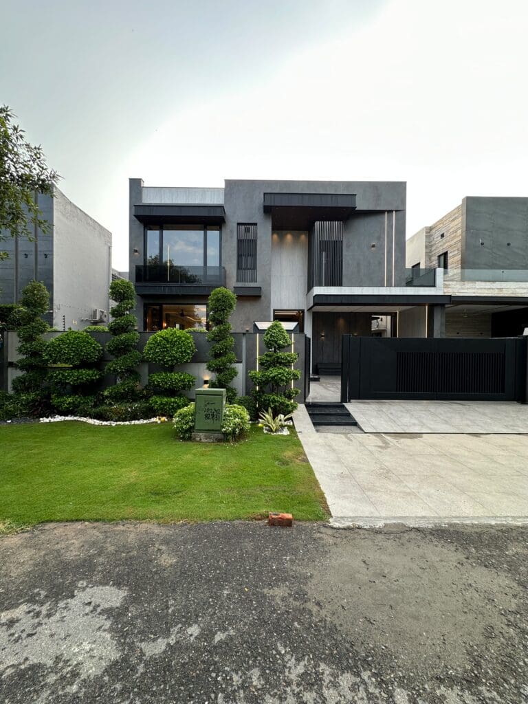 Stylish facade with lush greenery