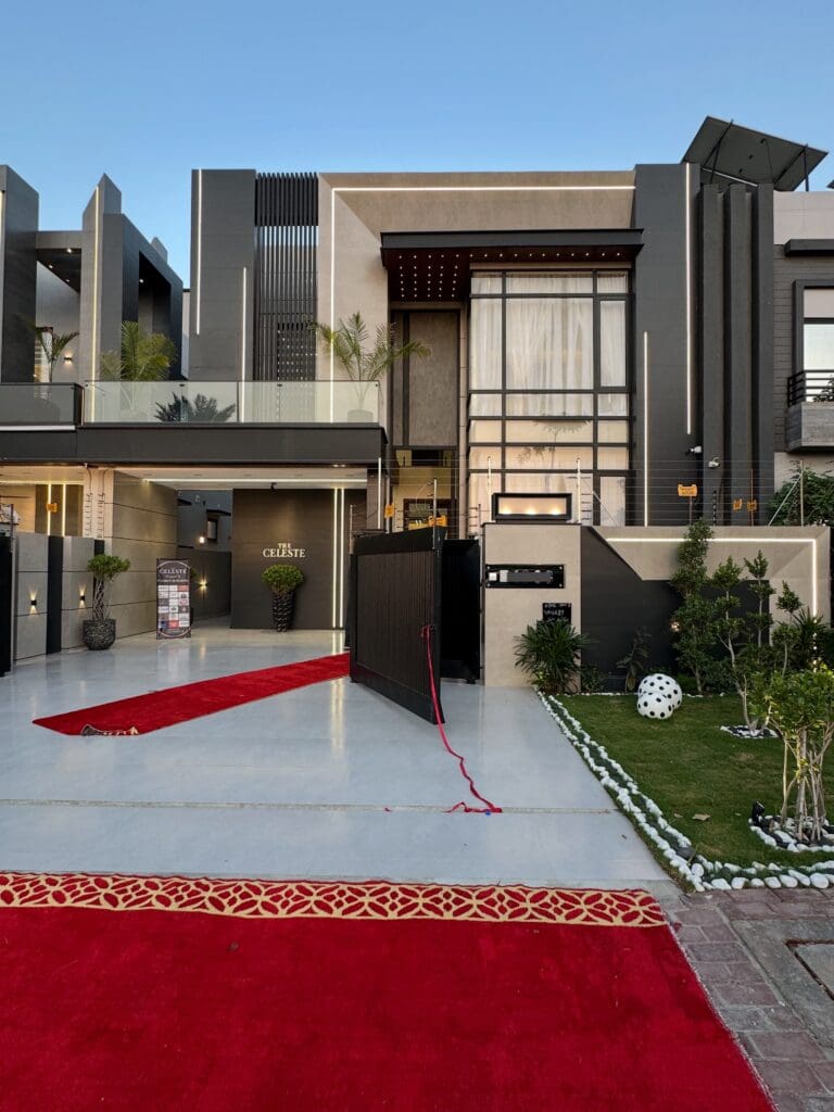 Modern house entrance with red carpet
