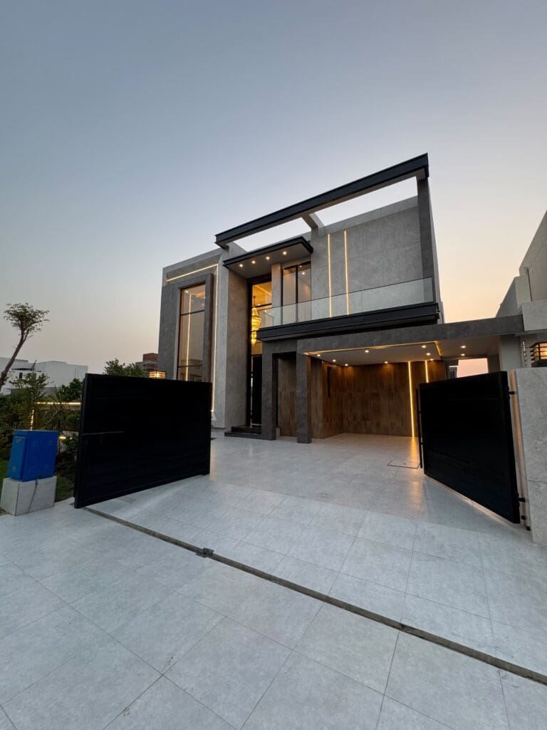 Modern house exterior at dusk